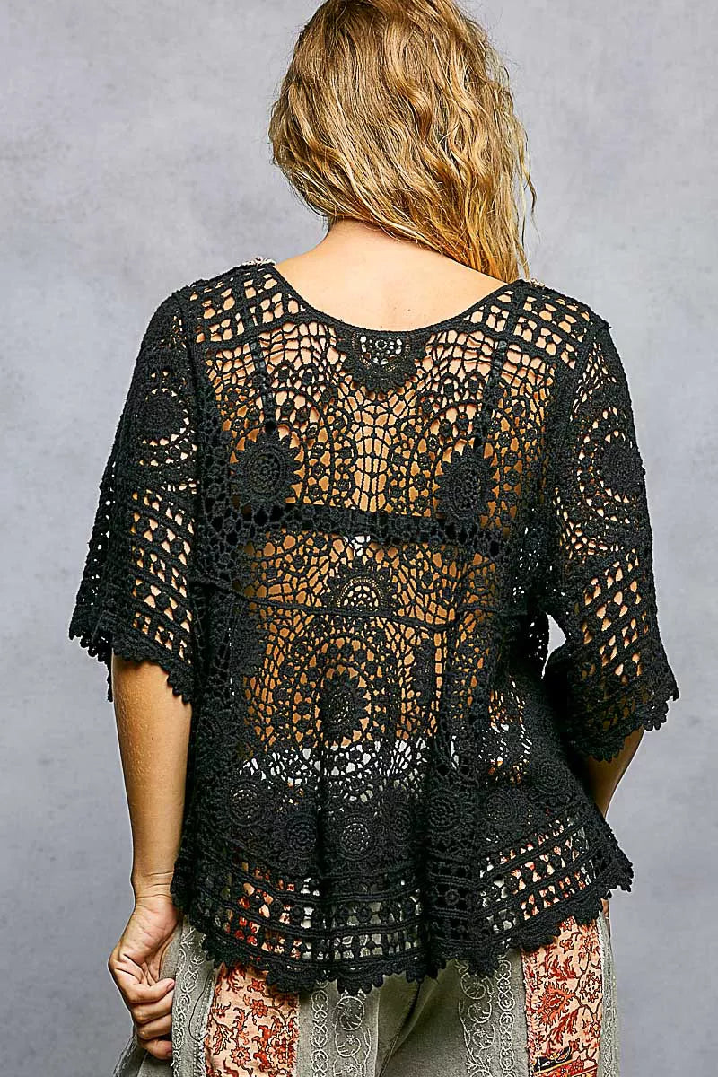 POL V-Neck Crochet Top with Scalloped Hem - Tigbul's Variety Fashion Shop