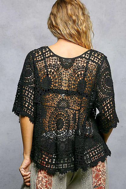 POL V-Neck Crochet Top with Scalloped Hem - Tigbul's Variety Fashion Shop