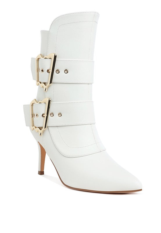 White chunky buckle-strap ankle boots with two gold-tone buckle straps