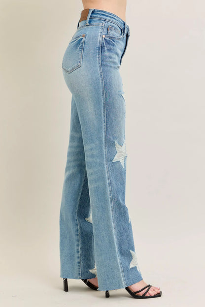 Judy Blue Full Size High Waist  Rigid Magic Star Shaped Destroy 90's Straight Jeans Plus Size - Tigbul's Variety Fashion Shop