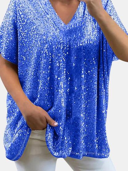 Sequin V-Neck Short Sleeve Top Blouse, Small to 3XL - Tigbul's Variety Fashion Shop