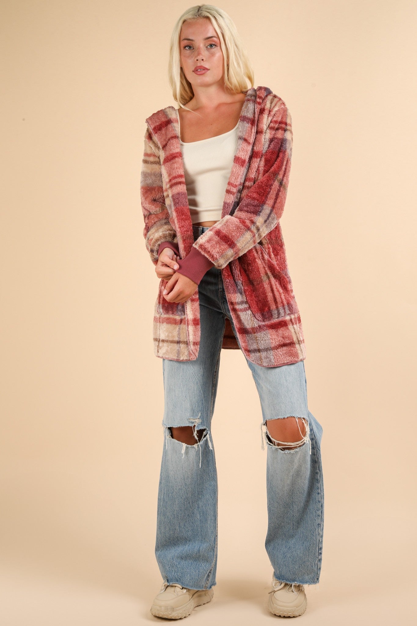 VERY J Fuzzy Plaid Long Sleeve Hooded Jacket - Tigbul's Variety Fashion Shop