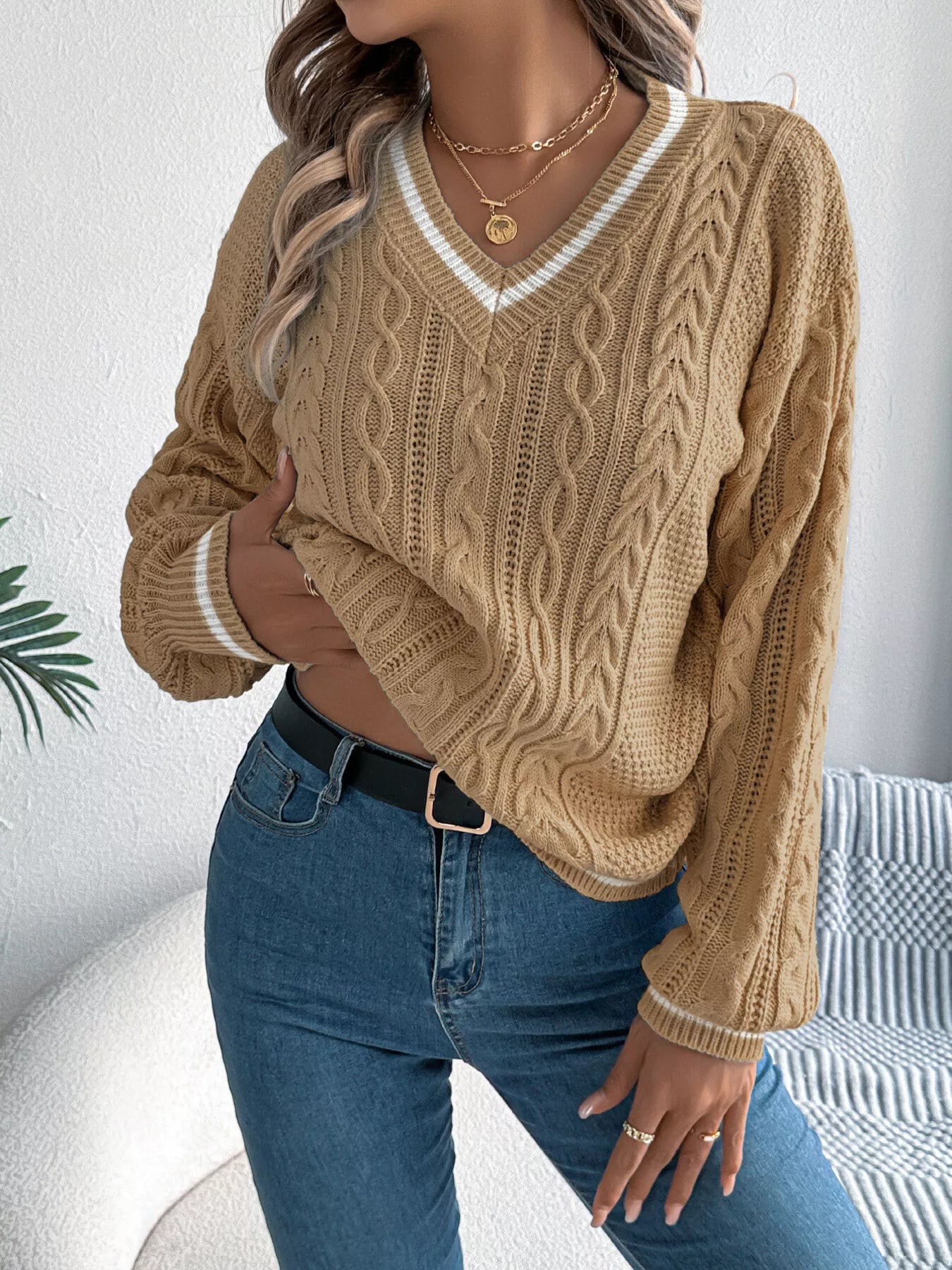 Cable Knit V-Neck Long Sleeve Sweater - Tigbul's Variety Fashion Shop