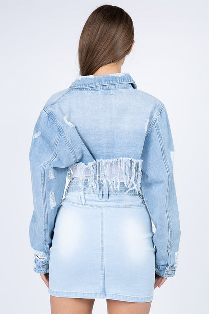 Light Blue Distressed Cropped Denim Jacket with Frayed Hem - Tigbul's Variety Fashion Shop