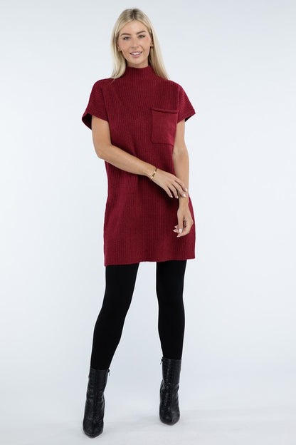 Mock Neck Short Sleeve Sweater Dress with Pocket - Tigbul's Variety Fashion Shop