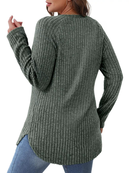 Ribbed Knit Long Sleeve T-Shirt - Tigbul's Variety Fashion Shop