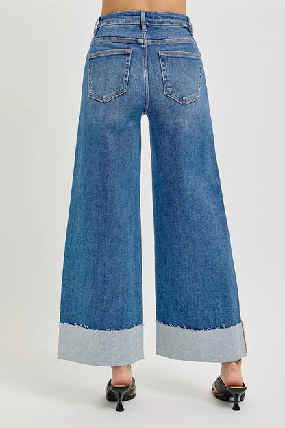 RISEN Full Size Tummy Control High Rise Crop Wide Cuffed Jeans Plus Size - Tigbul's Variety Fashion Shop