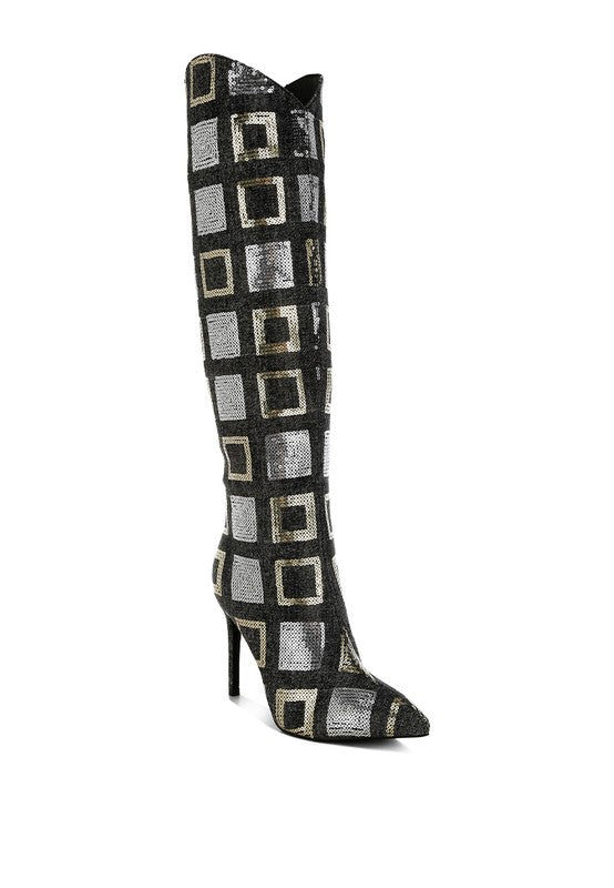 Sharmin Checkered Sequin Knee High Boots - Tigbul's Variety Fashion Shop