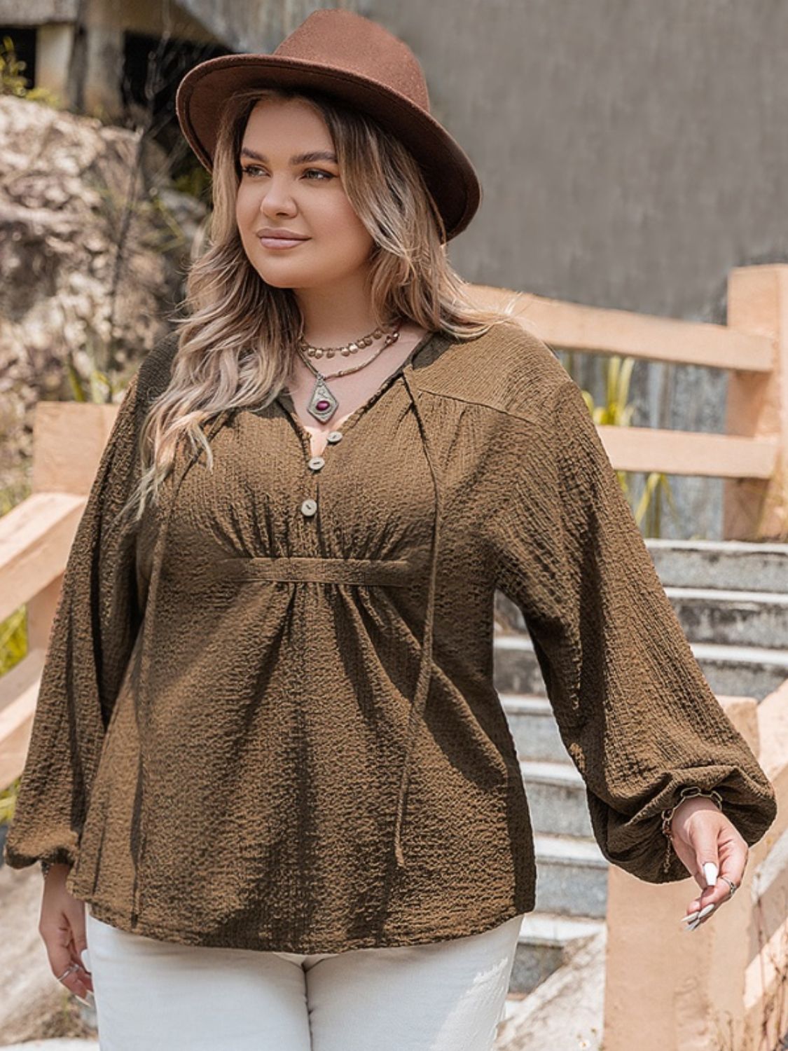 Plus Size Tie Neck Long Sleeve Blouse - Tigbul's Variety Fashion Shop