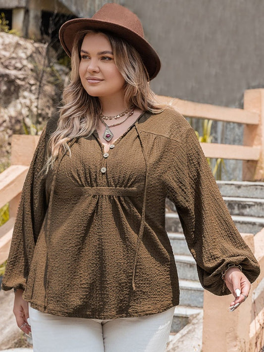 Plus Size Tie Neck Long Sleeve Blouse - Tigbul's Variety Fashion Shop