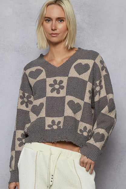 POL V-Neck Heart Pattern Checkered Sweater - Tigbul's Variety Fashion Shop