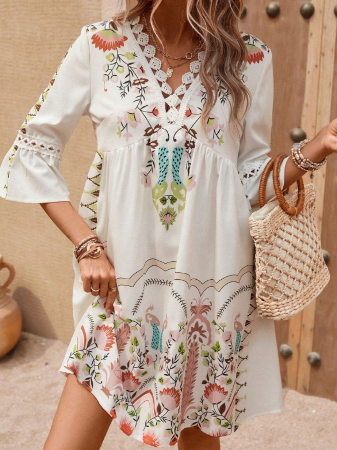 Lace Detail Printed Three-Quarter Sleeve Dress - Tigbul's Variety Fashion Shop