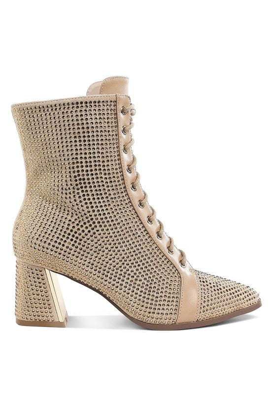 Beige rhinestone ankle boots with lace-up, wide heel, and side panel