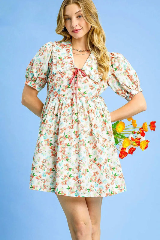 Umgee Floral Print Puff Sleeve Tie Front Mini Dress - Tigbul's Variety Fashion Shop