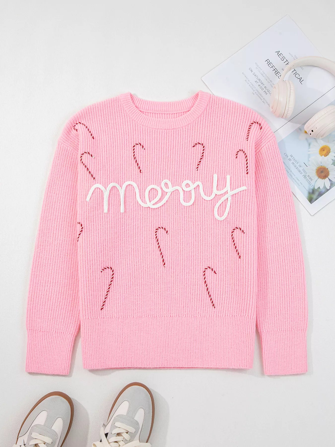 Merry Candy Cane Christmas Crew Neck Sweater - Tigbul's Variety Fashion Shop