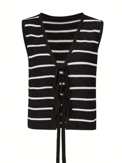 Tie Front Striped Sweater Vest - Tigbul's Variety Fashion Shop