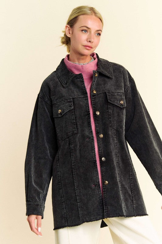 Black Washed Look Corduroy Raw Hem Button Up Jacket - Tigbul's Variety Fashion Shop