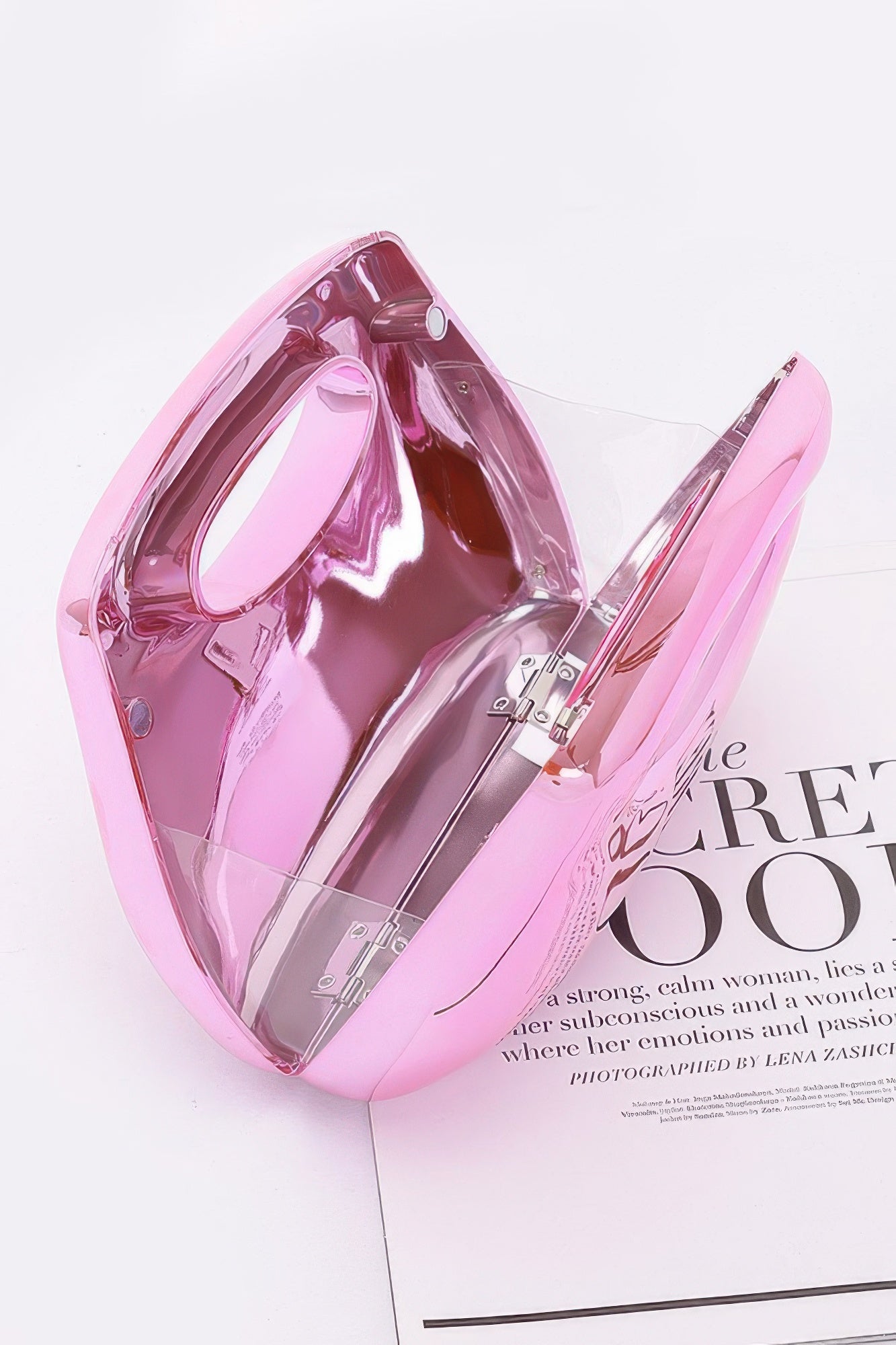 Acrylic Case Bag, Pink; open top with hinged clasp and glossy interior