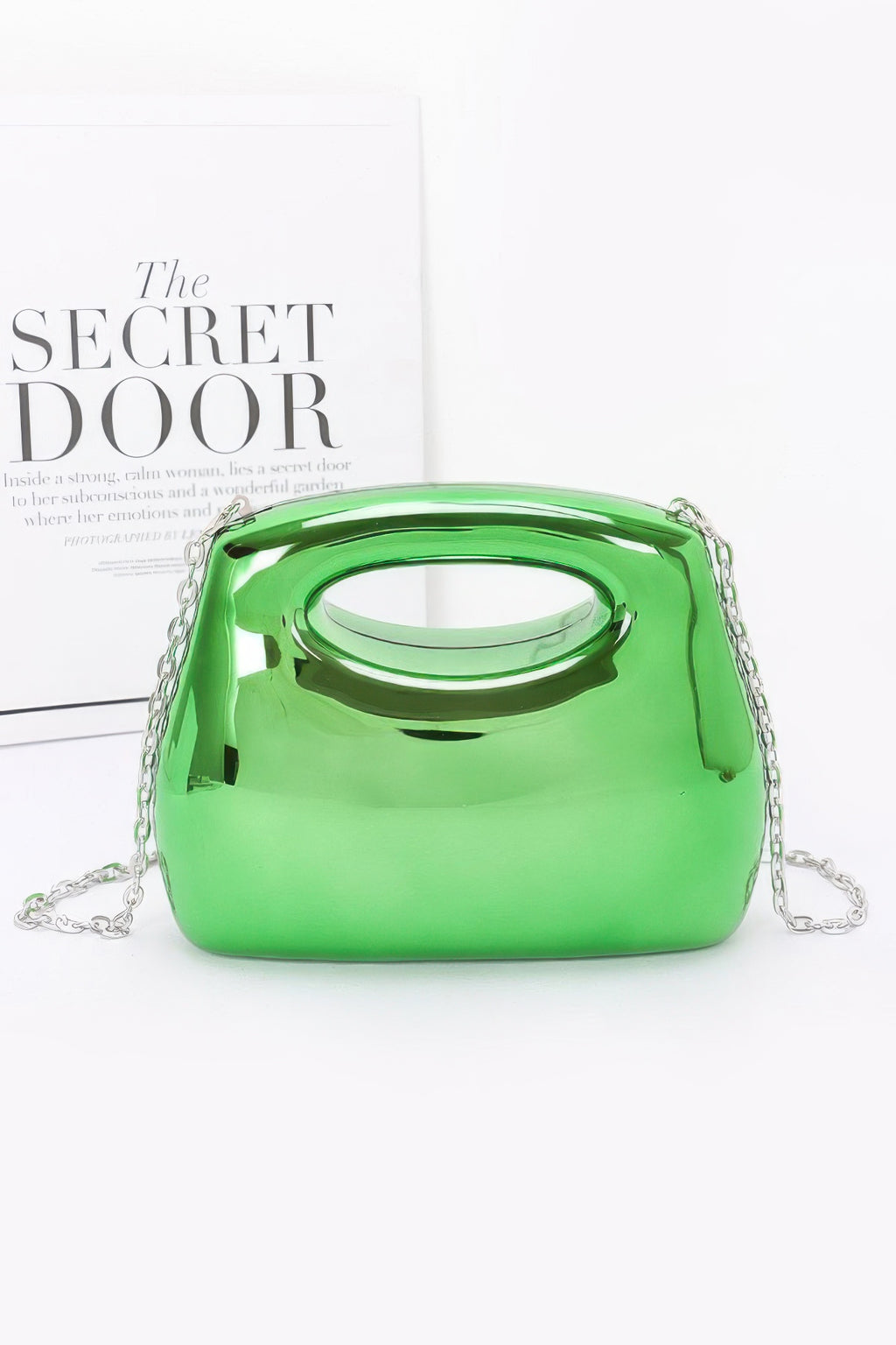 Acrylic Case Bag, Green with oval top handle and silver chain strap
