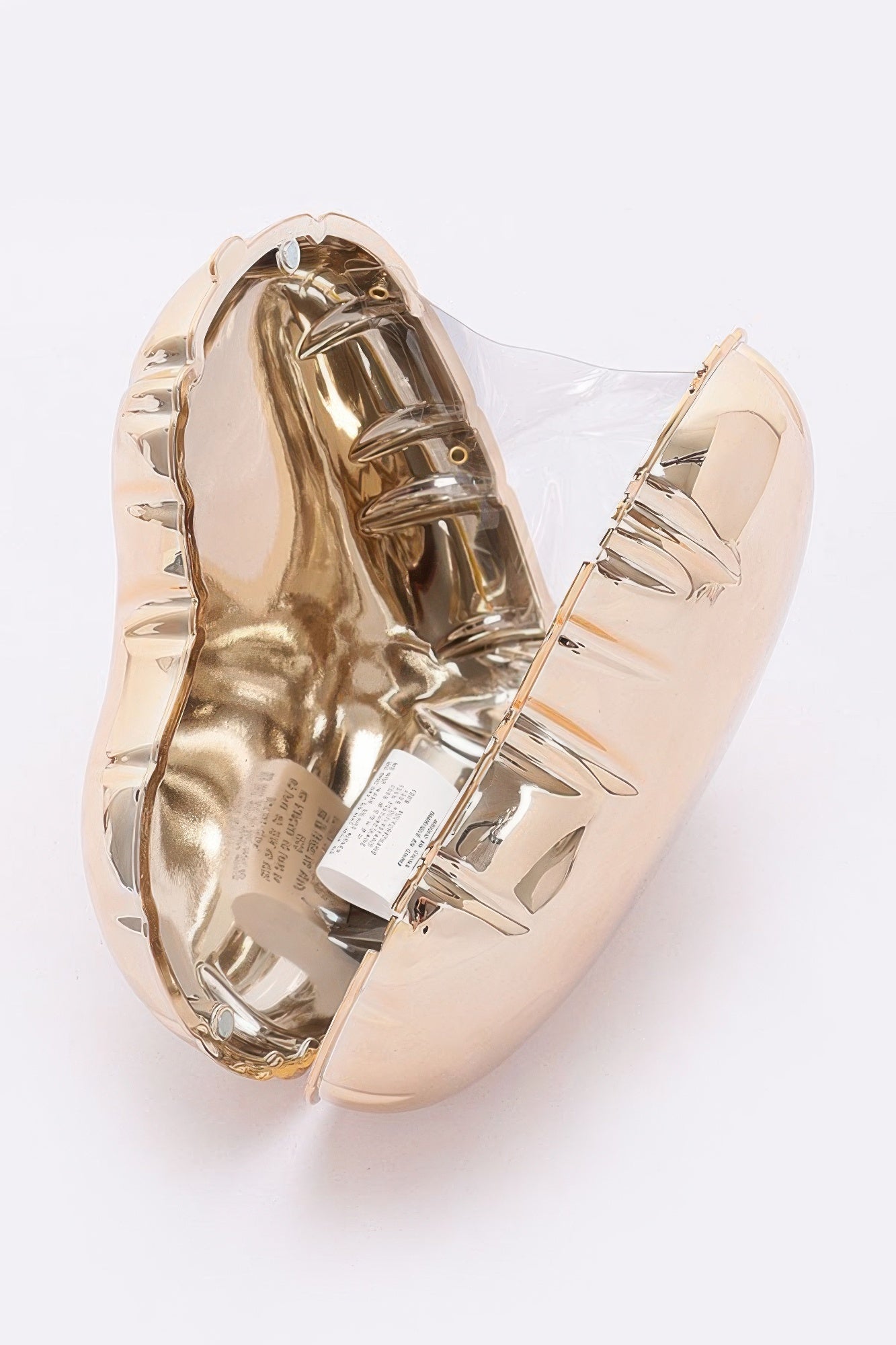 Gold metallic acrylic heart case bag, open interior view with chain strap