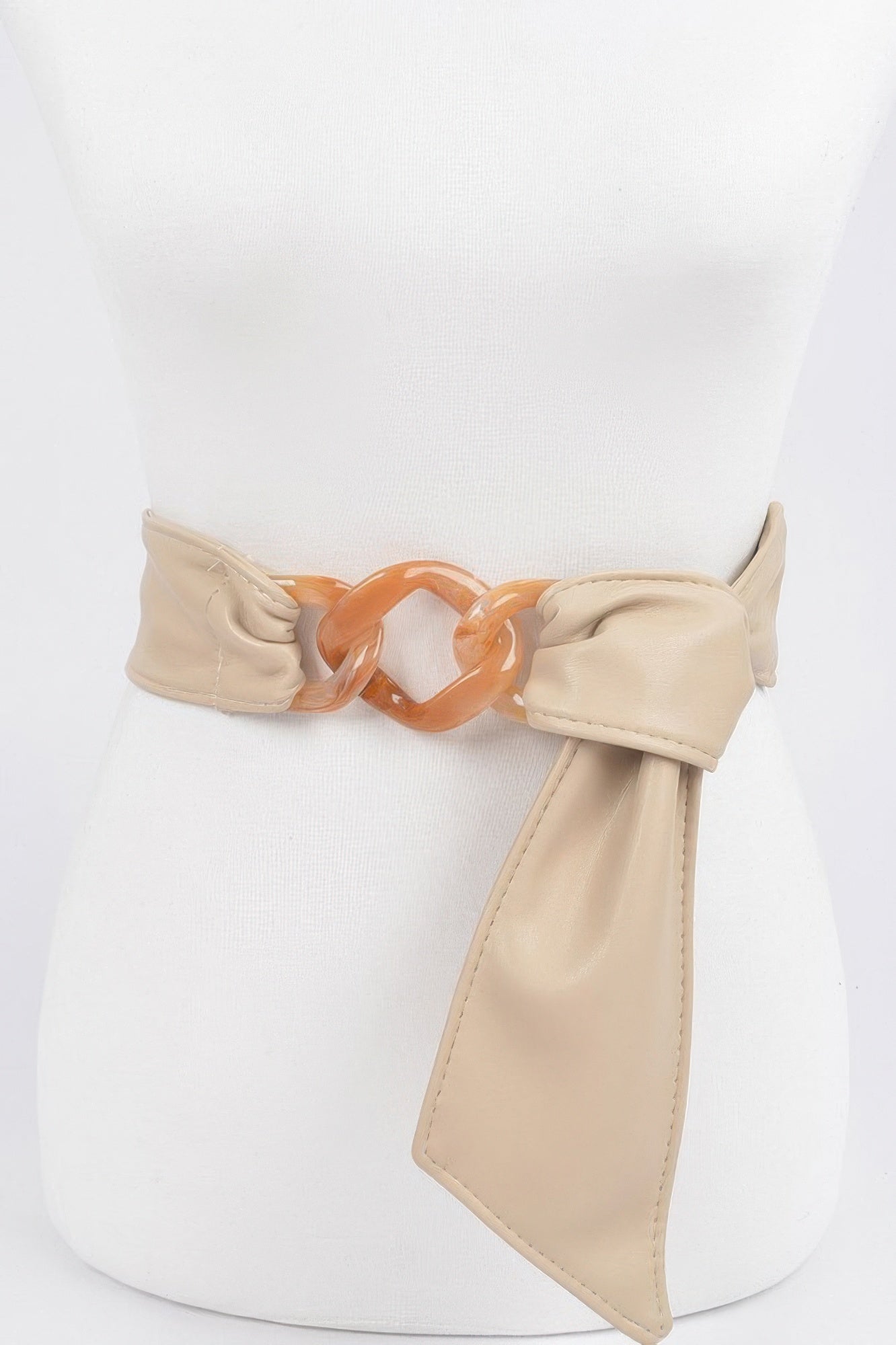 Beige elastic waist belt with acrylic chain-link buckle