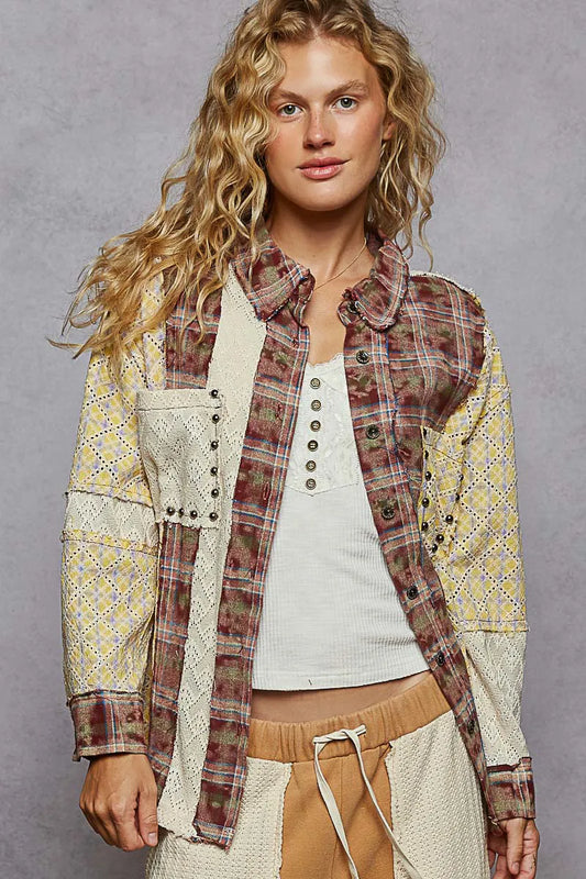 POL Studded Contrast Plaid Long Sleeve Shirt - Tigbul's Variety Fashion Shop
