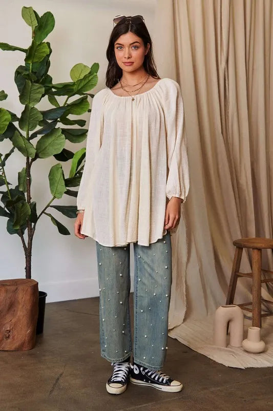 White Crinckled Texture Fabric Round Neck Swing Top - Tigbul's Variety Fashion Shop
