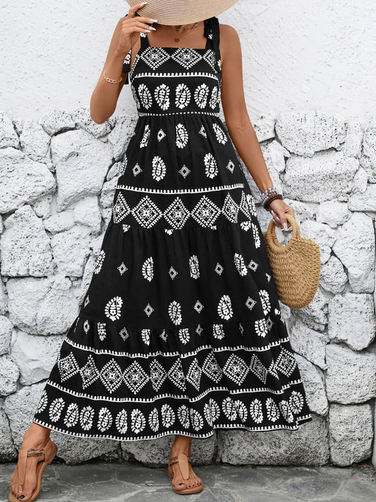 Black Printed Square Neck Maxi Cami Dress - Tigbul's Variety Fashion Shop