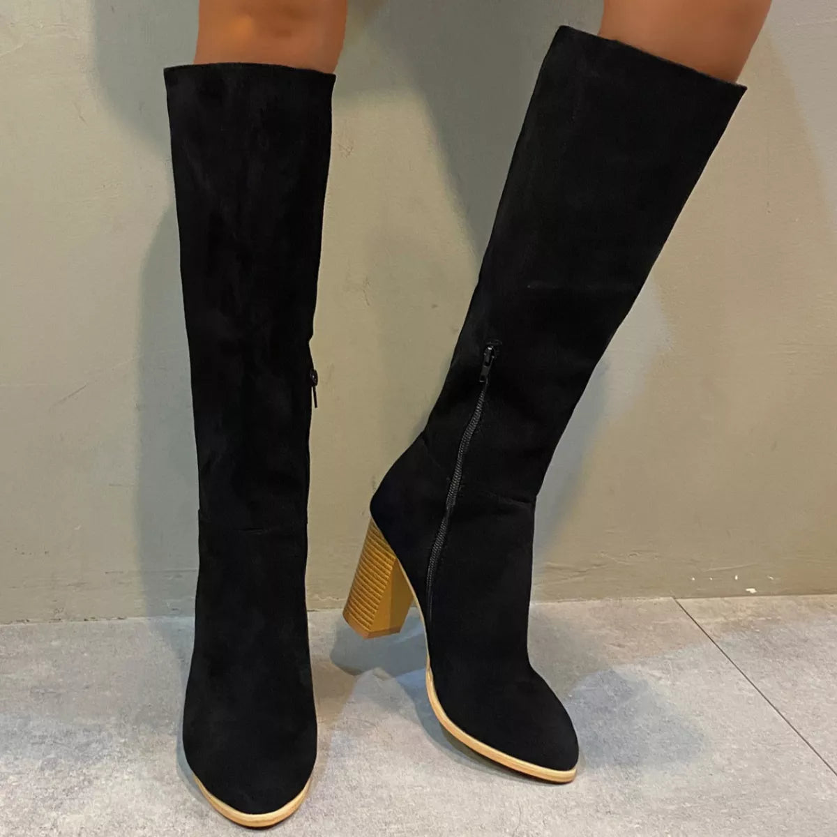 Point Toe Knee-High Suede Block Heel Boots - Tigbul's Variety Fashion Shop