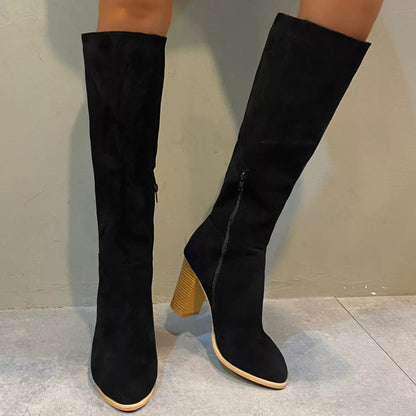 Point Toe Knee-High Suede Block Heel Boots - Tigbul's Variety Fashion Shop