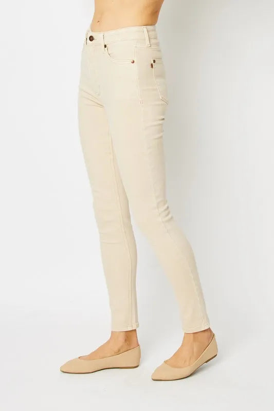 Bone skinny jeans with zip fly, slim fit, and belt loops