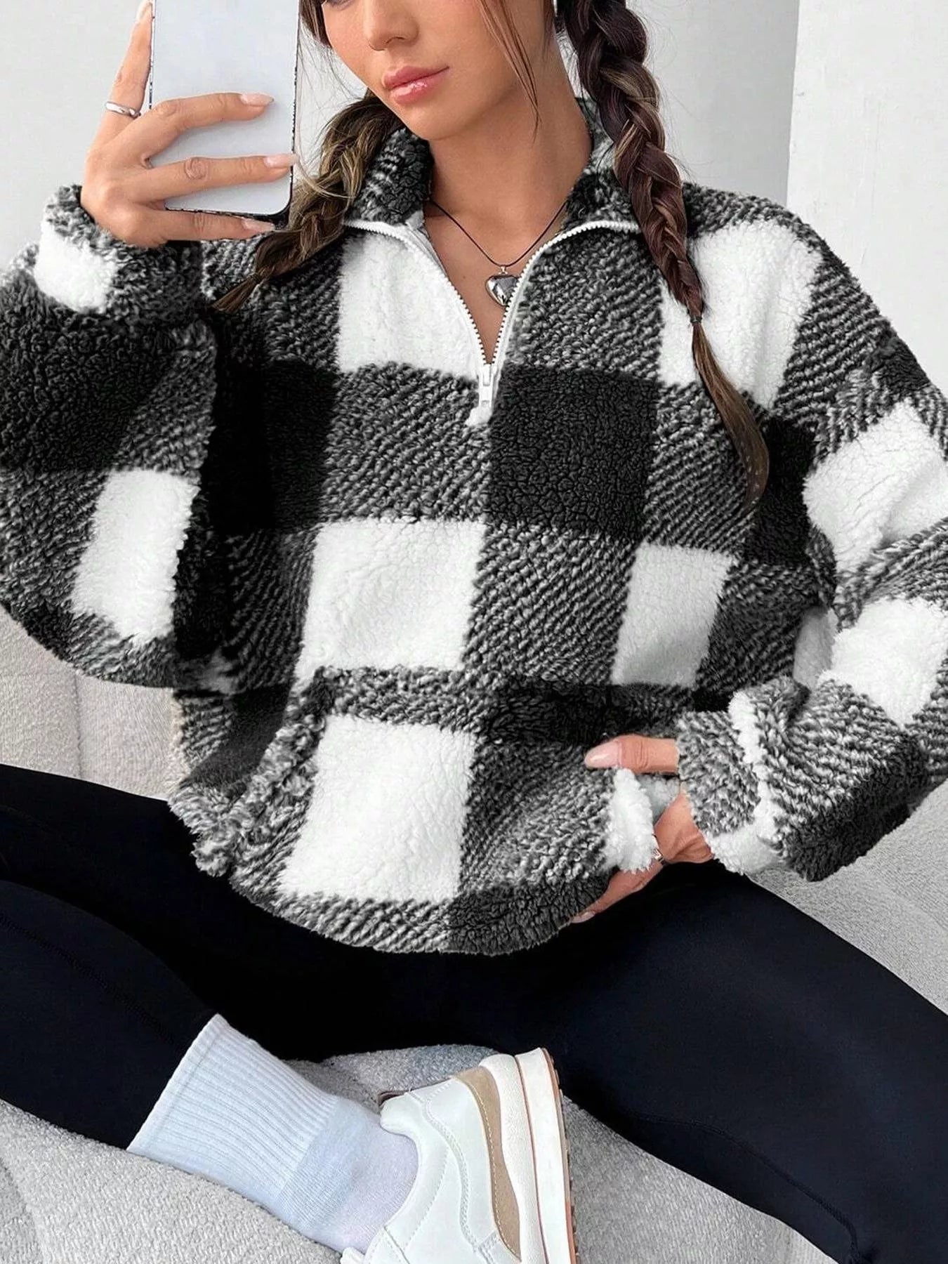 Full Size Plaid Sherpa Long Sleeve Sweatshirt Plus Size - Tigbul's Variety Fashion Shop