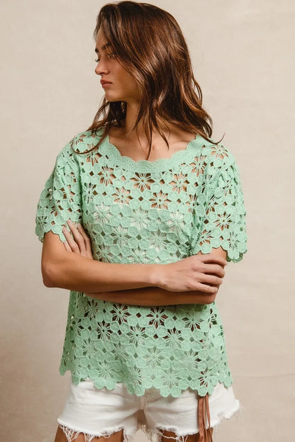 BiBi Openwork Crochet Short Sleeve Knit Top - Tigbul's Variety Fashion Shop