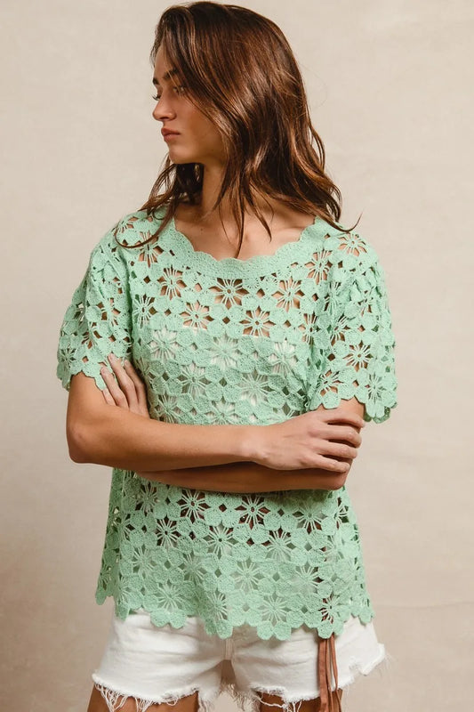 BiBi Openwork Crochet Short Sleeve Knit Top - Tigbul's Variety Fashion Shop