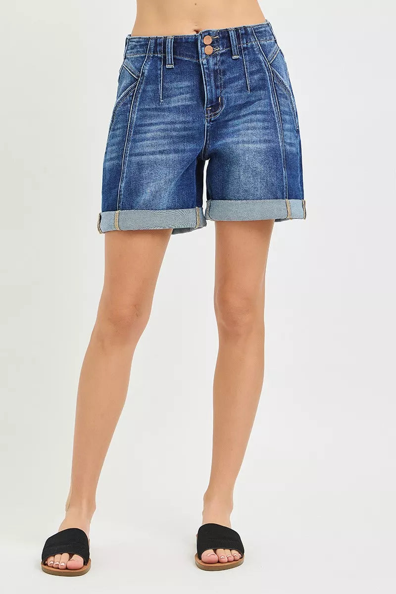 High rise roll-up denim shorts, dark blue wash, seam detail and button closure
