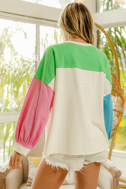 BiBi Color Block Patched Long Sleeve Top - Tigbul's Variety Fashion Shop