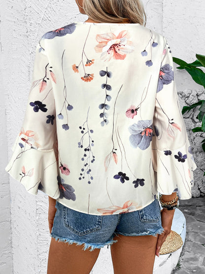 Ruffled Printed V-Neck Half Sleeve Blouse - Tigbul's Variety Fashion Shop