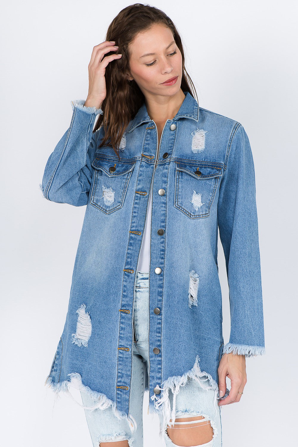 Blue Distressed Frayed Hem Denim Jacket - Tigbul's Variety Fashion Shop