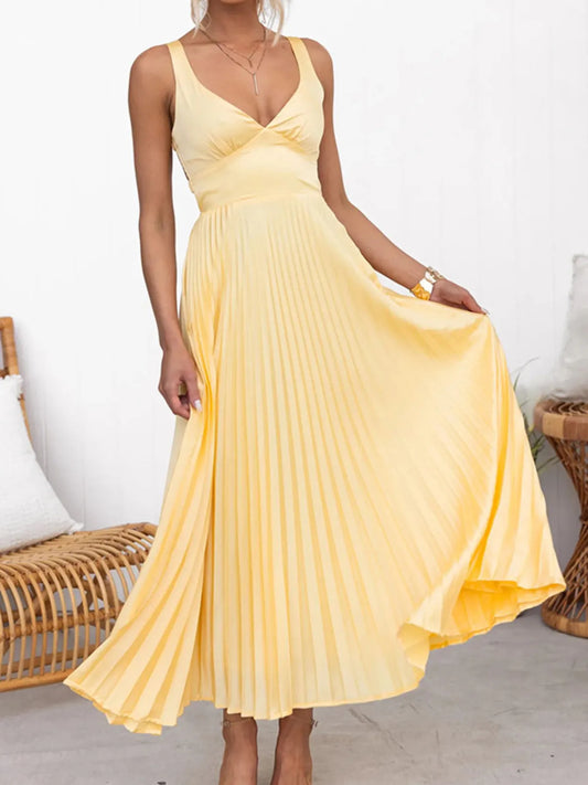 Pleated V-Neck Sleeveless Maxi Dress - Tigbul's Variety Fashion Shop