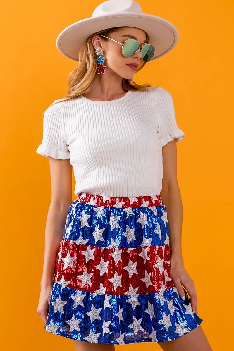 American Flag Theme Star Sequin Tiered Skirt - Tigbul's Variety Fashion Shop