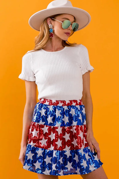 American Flag Theme Star Sequin Tiered Skirt - Tigbul's Variety Fashion Shop