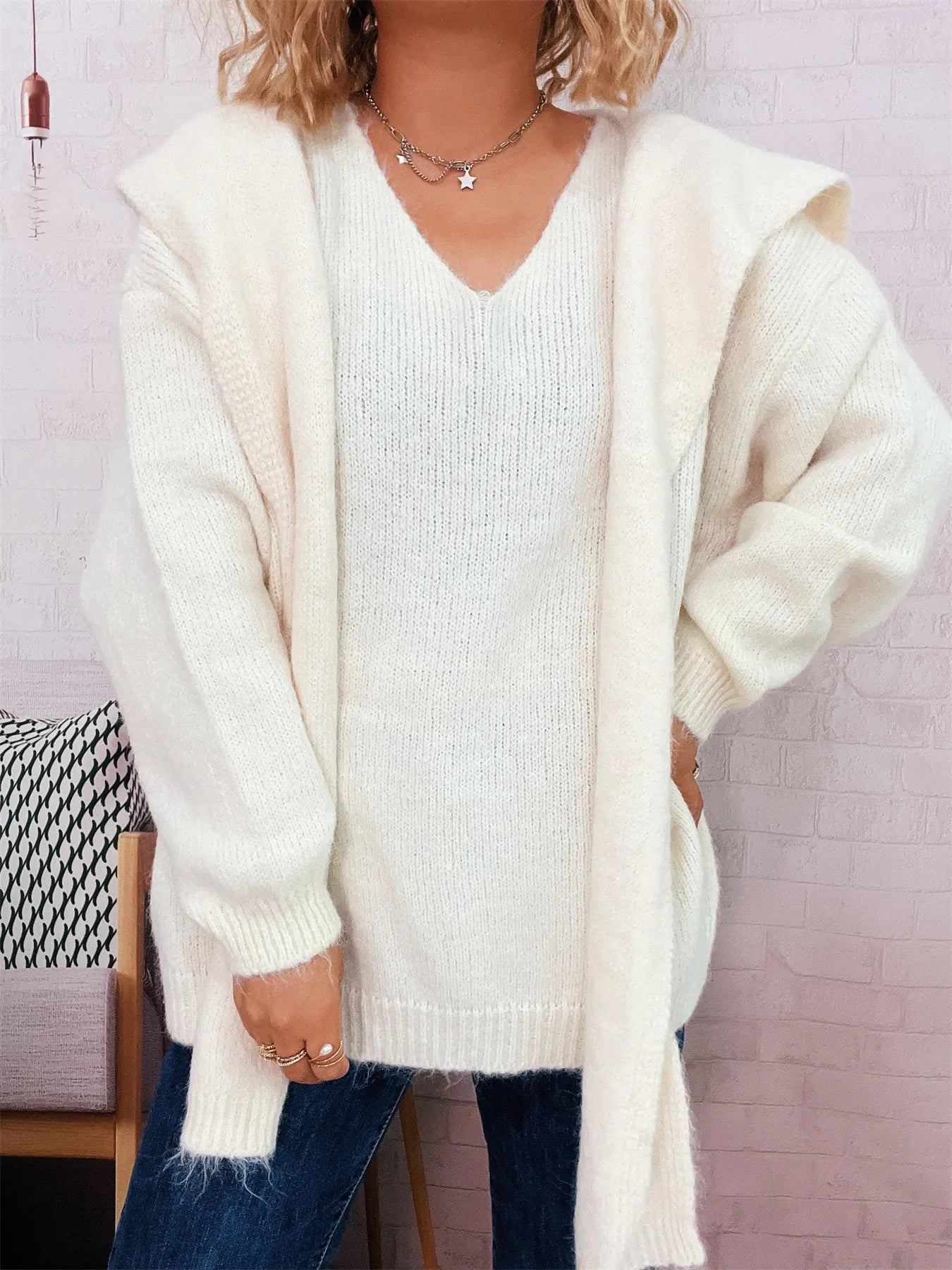 Ribbed Hem V-Neck Sweater with Shawl - Tigbul's Variety Fashion Shop