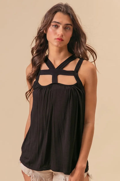 Black Rayon Span Jersey Cut Out with Straps Detailed - Tigbul's Variety Fashion Shop