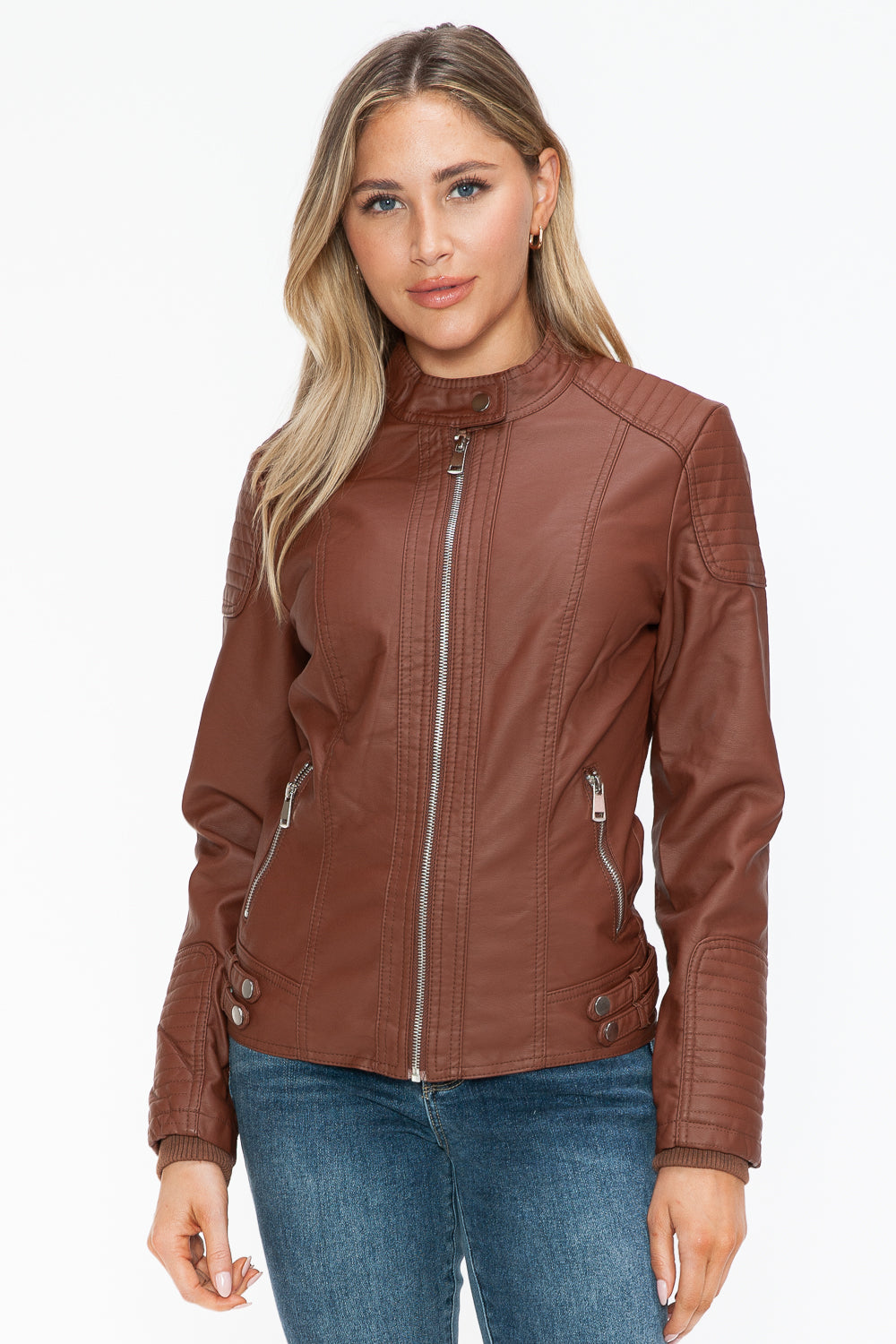 Brown Faux Leather Biker Jacket with Side Zip Pockets