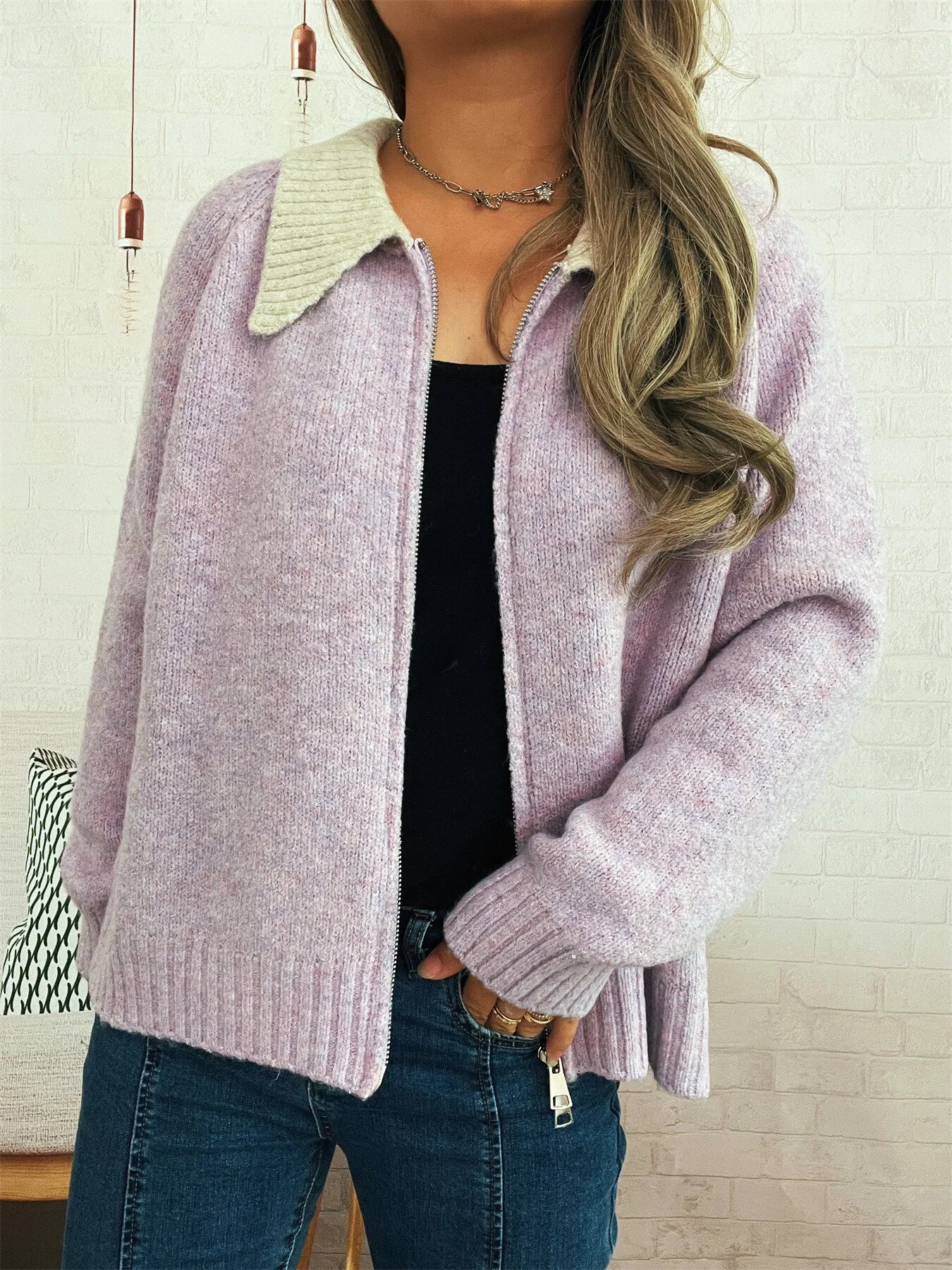 Contrast Collar Zip-Up Cardigan - Tigbul's Variety Fashion Shop