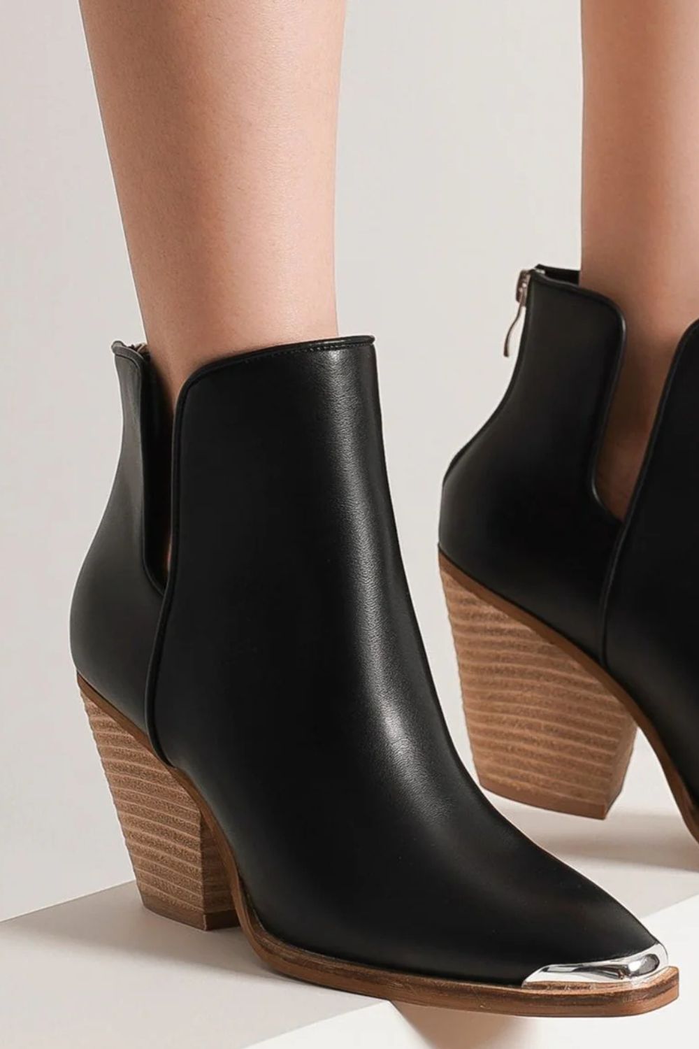 Black Pointed Metal-Tip Toe Block Heel Ankle Boots - Tigbul's Variety Fashion Shop