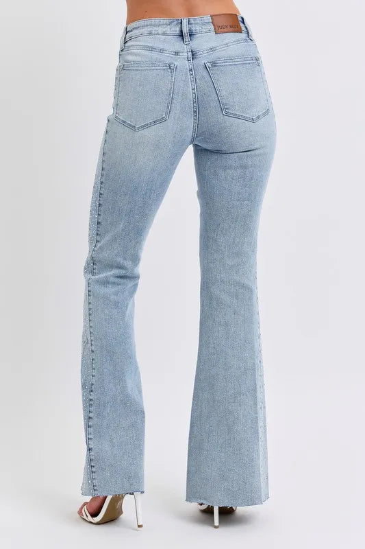Judy Blue Full Size Midi Rise Rhinestone Side Panel Detail Flare Jeans Plus Size - Tigbul's Variety Fashion Shop
