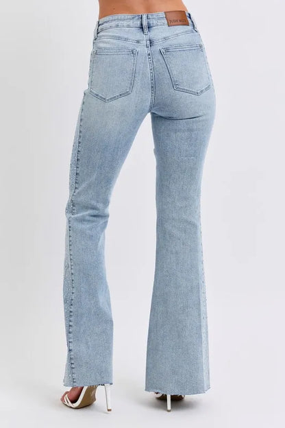 Judy Blue Full Size Midi Rise Rhinestone Side Panel Detail Flare Jeans Plus Size - Tigbul's Variety Fashion Shop