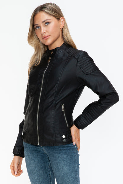 Black Faux Leather Biker Jacket with Side Zip Pockets