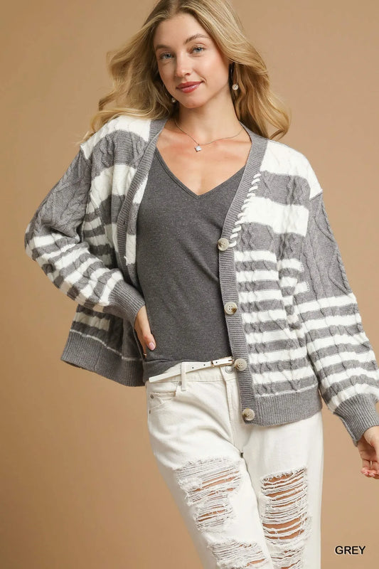 Umgee Cable-Knit Stripe Button-Up Cardigan - Tigbul's Variety Fashion Shop